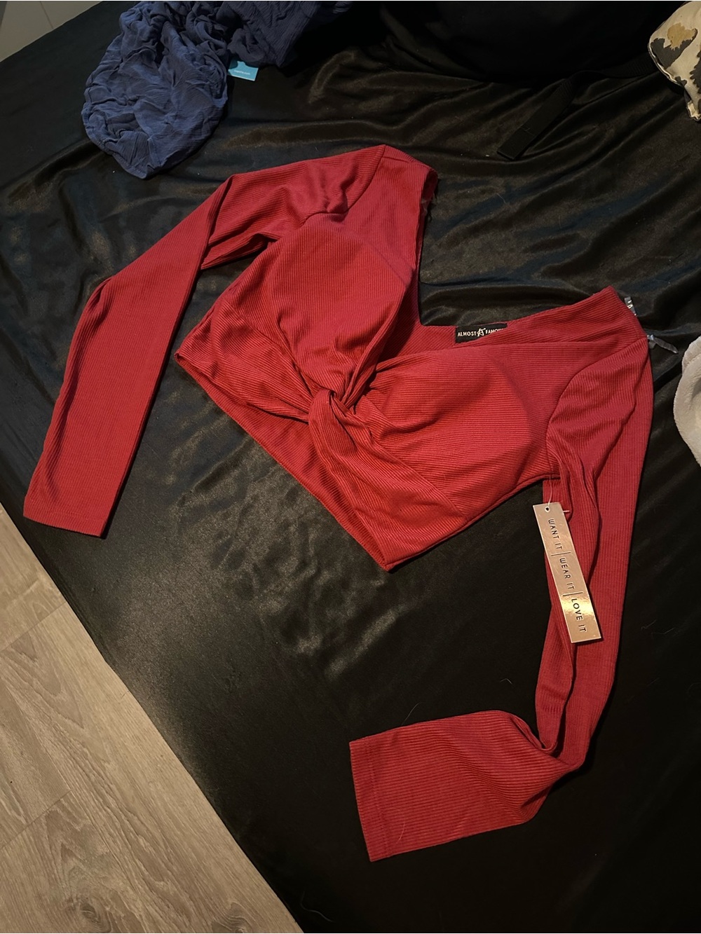 Almost Famous Burgundy Ribbed Twist Crop Top